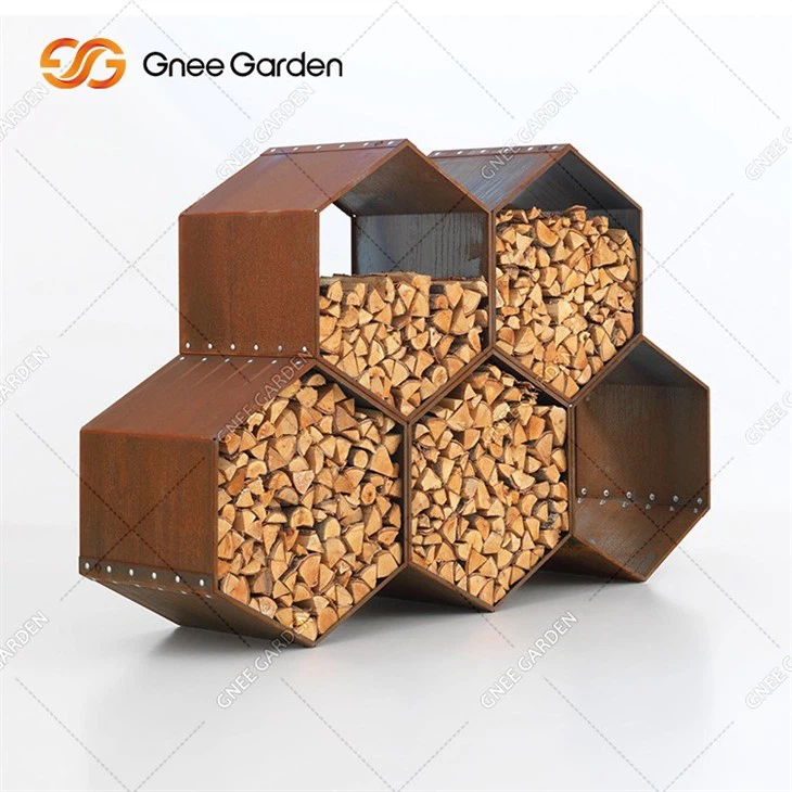 Corten Steel Log Holder Garden Outdoor Pentagon Wood Storage Rack