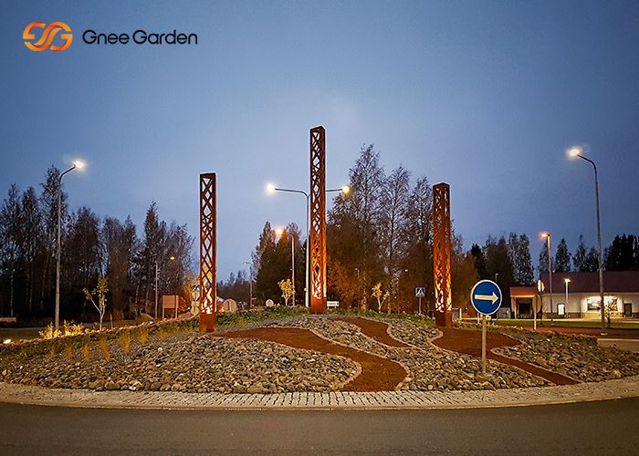 Statue lumineuse unique en acier Corten, décoration abstraite extérieure, Sculpture de jardin Corten